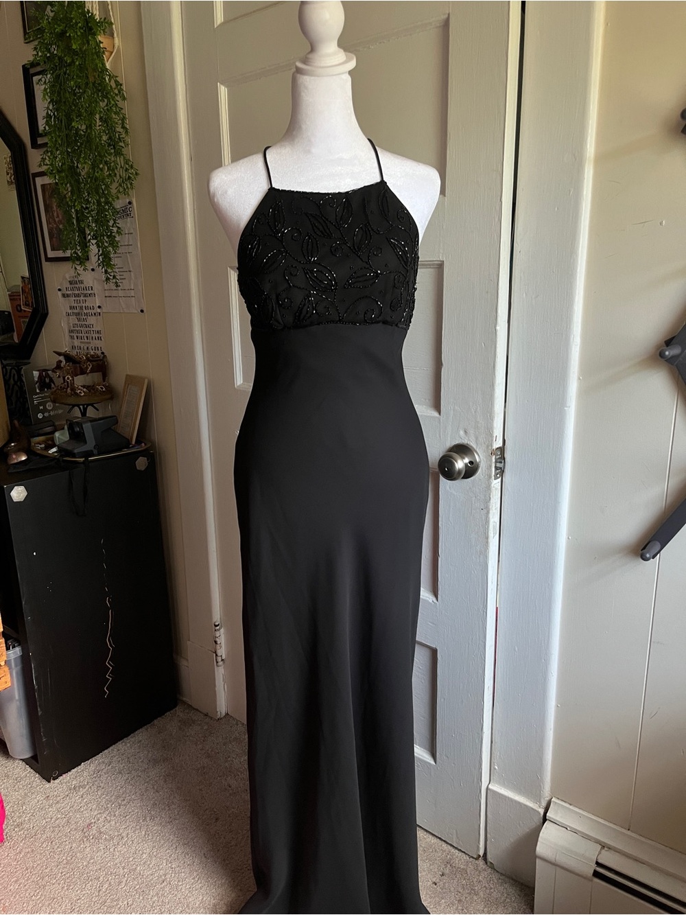 Vintage 1990s Zum Zum by Niki Livas Black Beaded Halter Maxi Dress